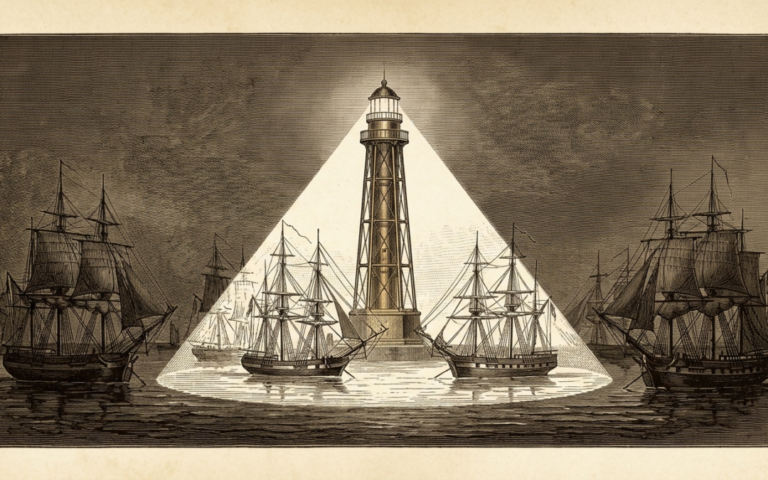 A lighthouse beam illuminates select ships in a harbor at night, representing how AI shapes which insurance carriers get considered